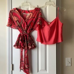 Vibrant Pink and Orange Wrap Top with Cami